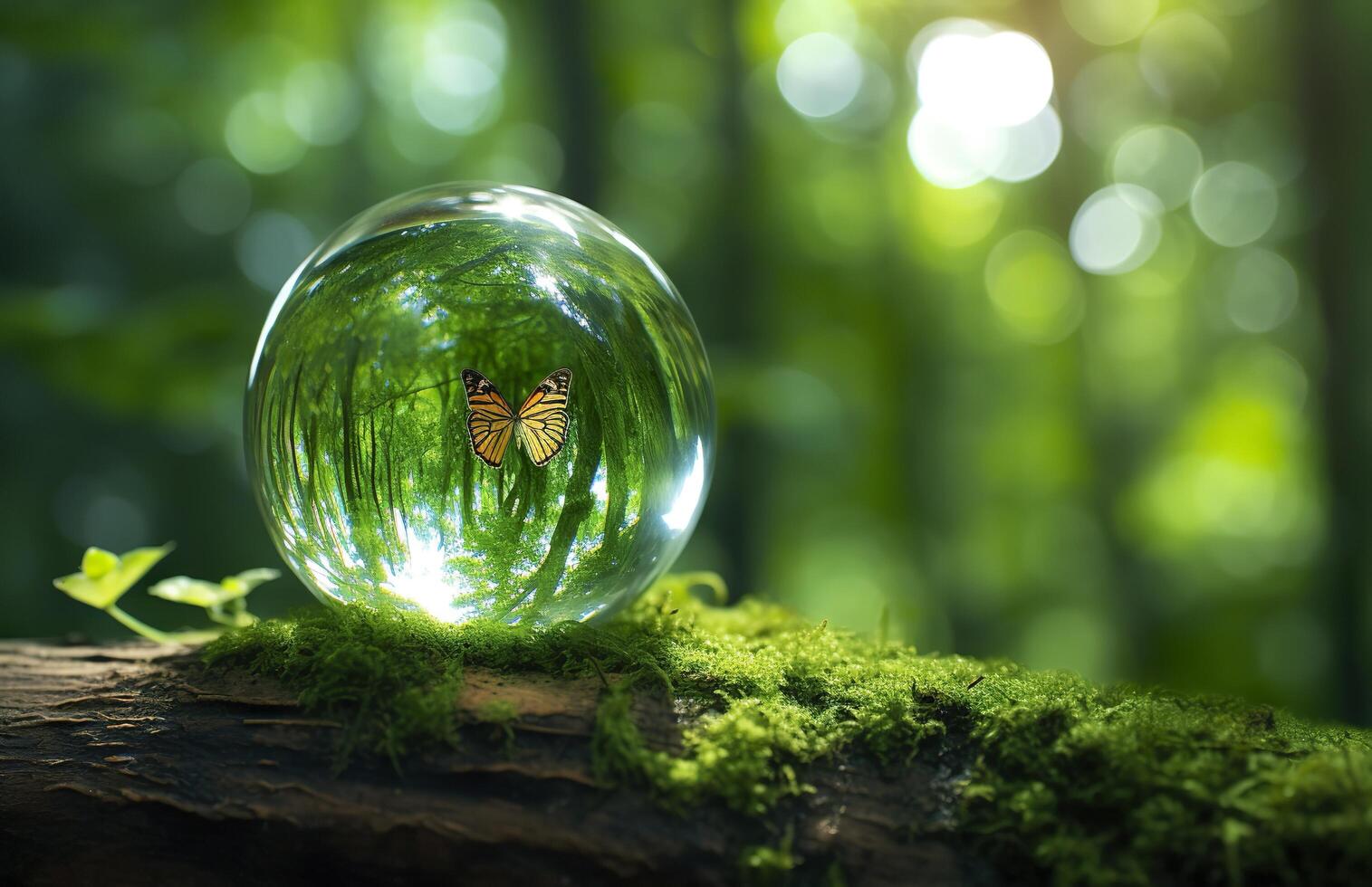 mariposa y cristal pelota en un árbol tocón en el bosque, natural verde antecedentes. generativo ai foto