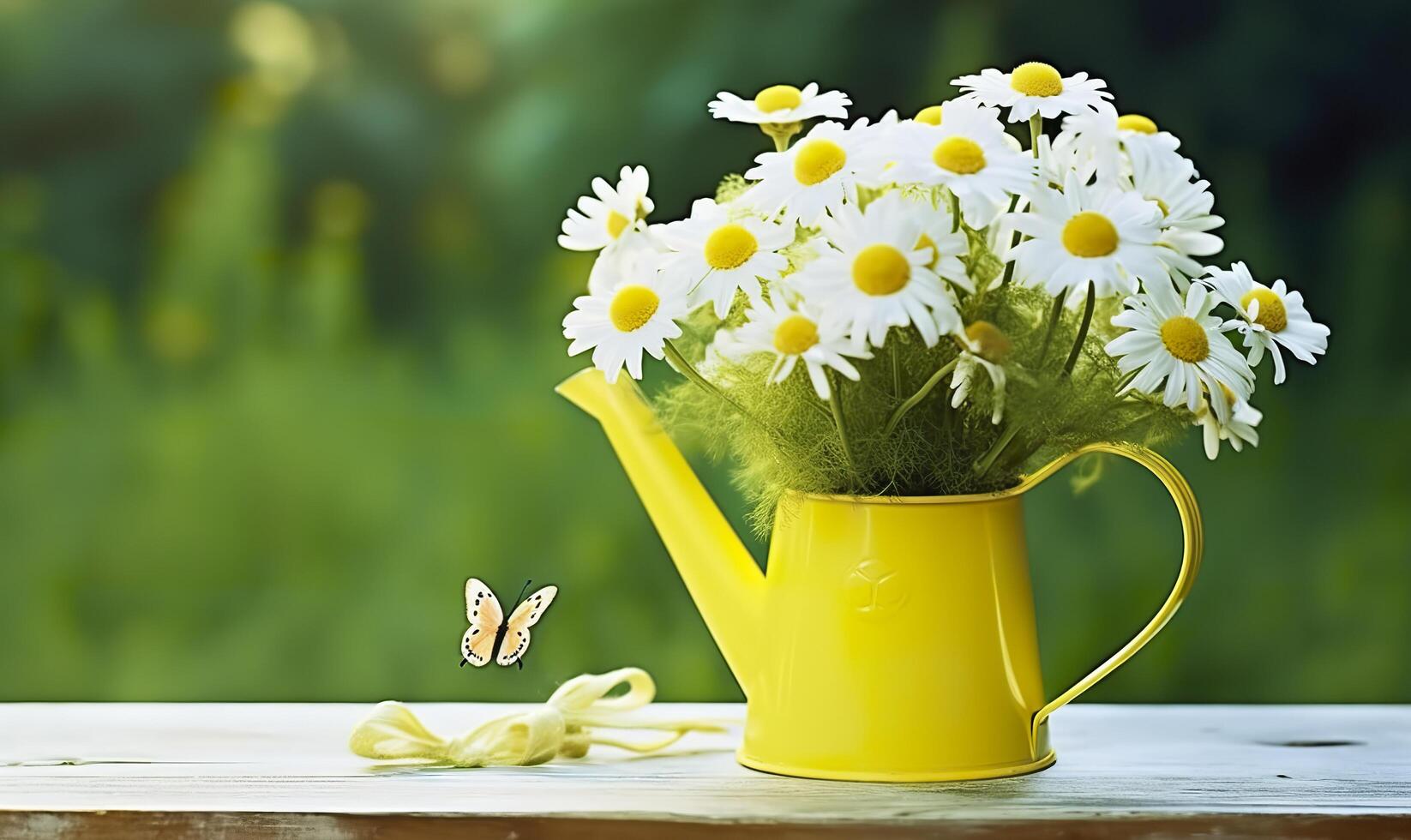 Chamomile flowers bouquet in watering can and butterfly on the table in the garden. Generative AI photo