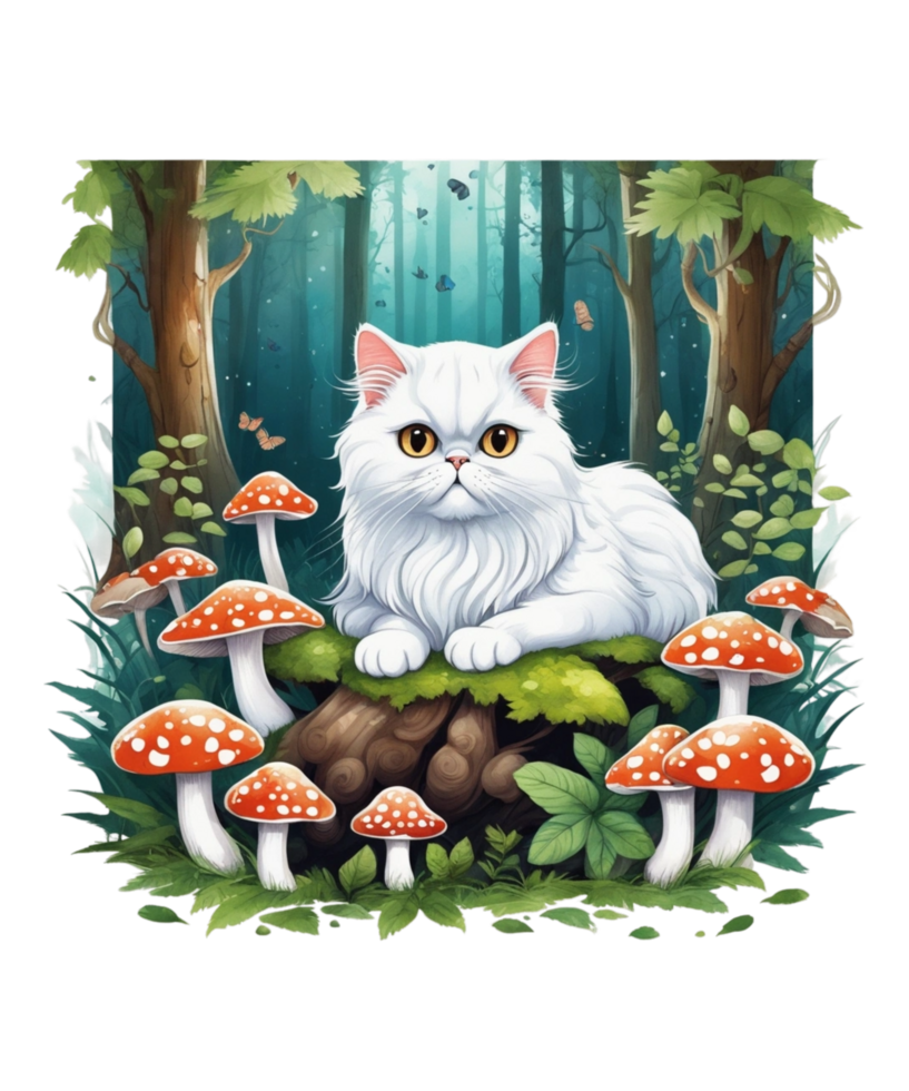 AI Generative Cat Loves Mushroom Clipart Illustration for Print on Demand Business is Also perfect for any other project png