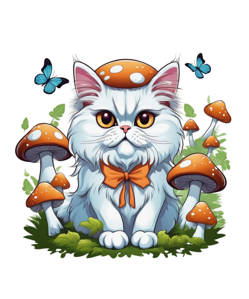 AI Generative Cat Loves Mushroom Clipart Illustration for Print on Demand Business is Also perfect for any other project png
