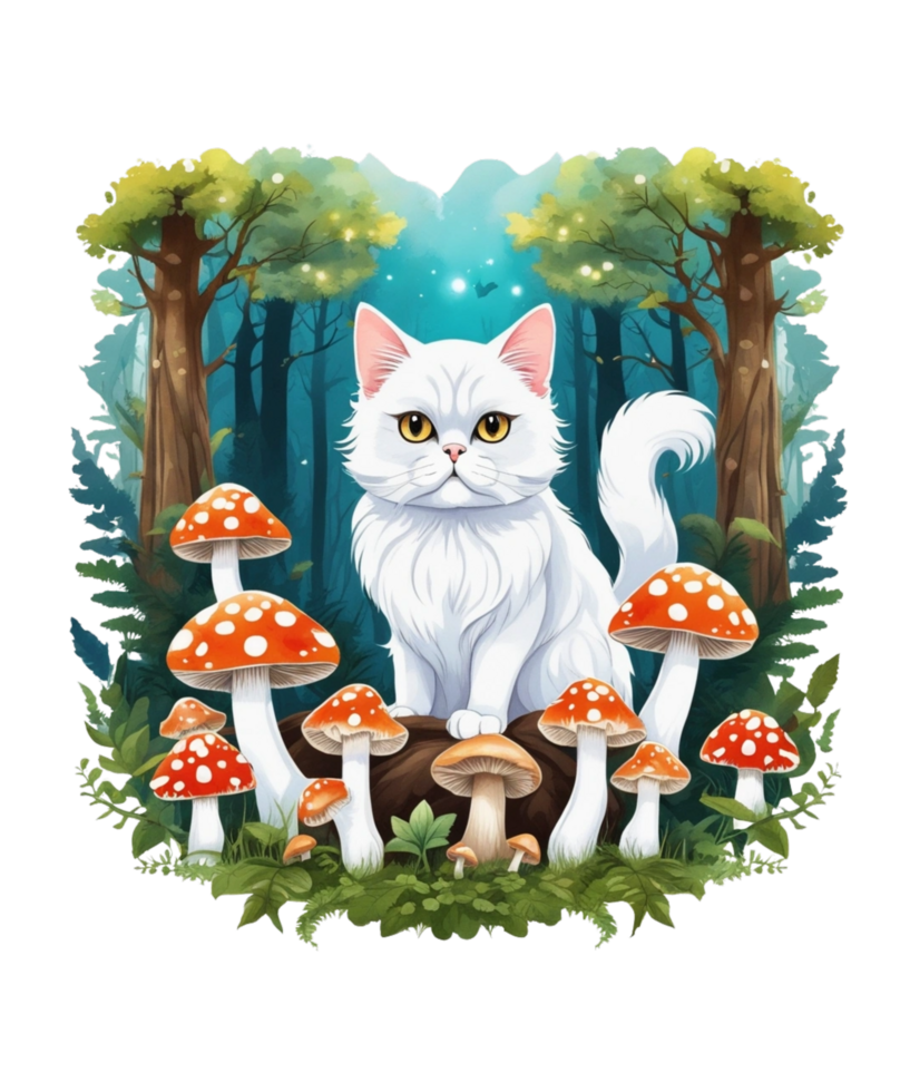 AI Generative Cat Loves Mushroom Clipart Illustration for Print on Demand Business is Also perfect for any other project png