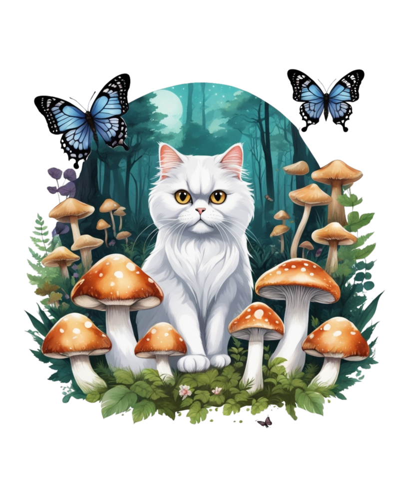 AI Generative Cat Loves Mushroom Clipart Illustration for Print on Demand Business is Also perfect for any other project png