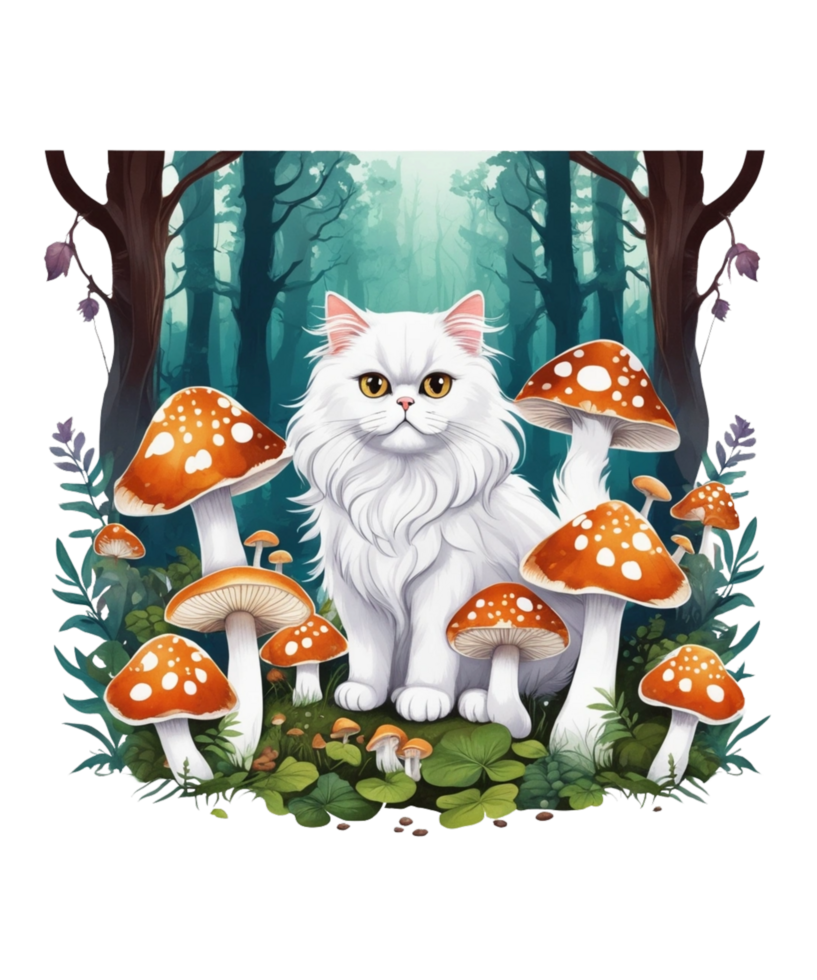 AI Generative Cat Loves Mushroom Clipart Illustration for Print on Demand Business is Also perfect for any other project png