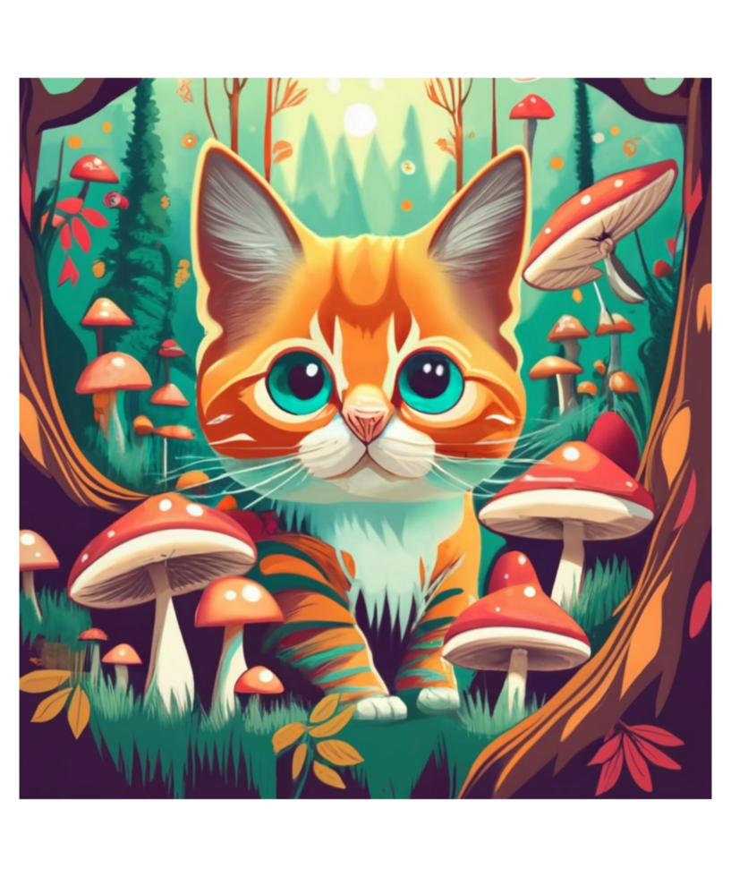 AI Generative Mushroom Lover Cat Clipart Illustration for Print on Demand Business is Also perfect for any other project png