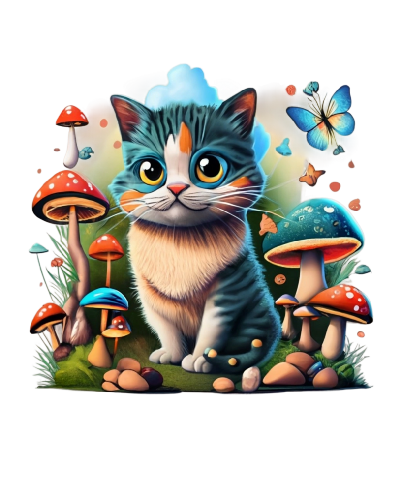 AI Generative Mushroom Lover Cat Clipart Illustration for Print on Demand Business is Also perfect for any other project png