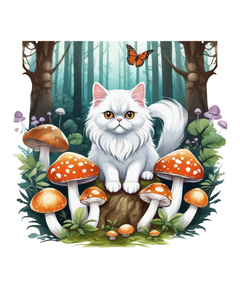 AI Generative Cat Loves Mushroom Clipart Illustration for Print on Demand Business is Also perfect for any other project png
