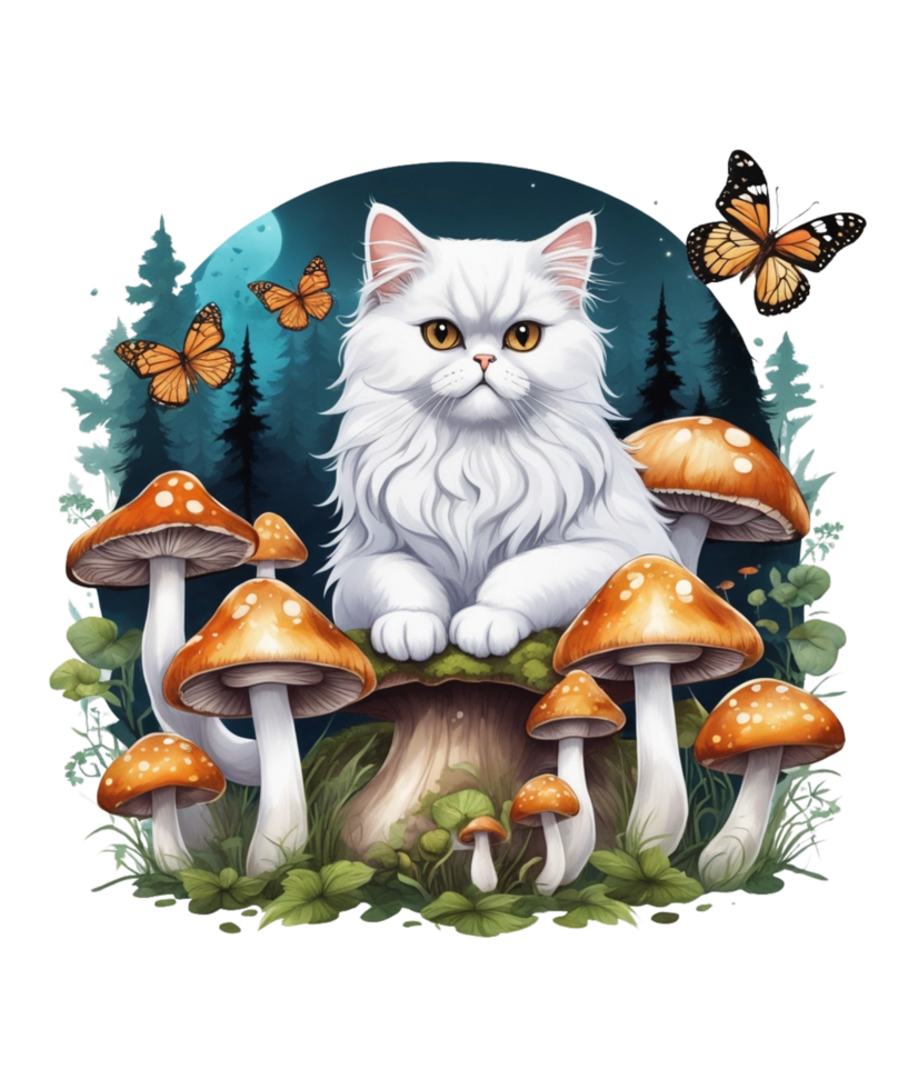 AI Generative Cat Loves Mushroom Clipart Illustration for Print on Demand Business is Also perfect for any other project png