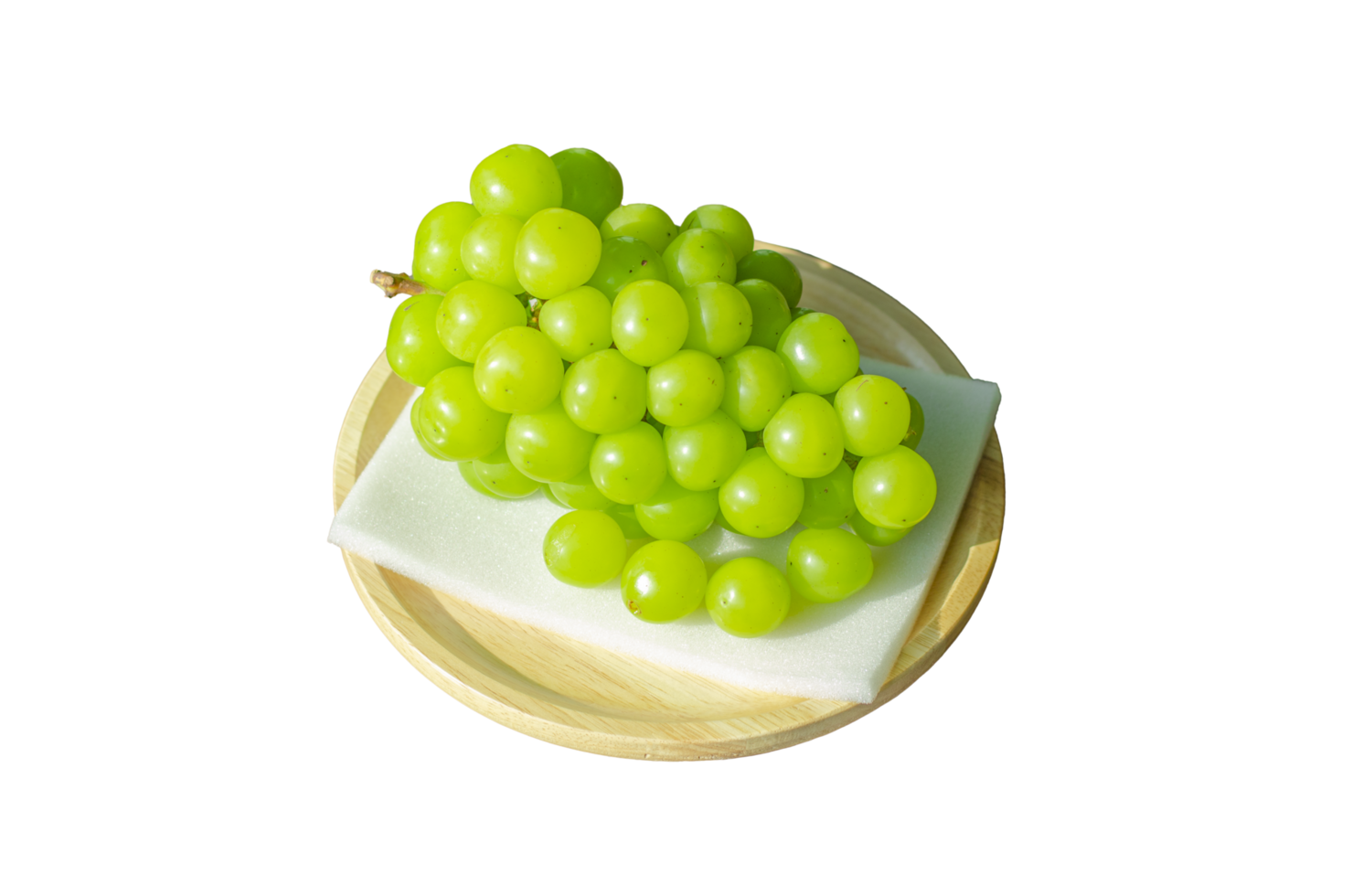 Bunches Shine Muscat grapes placed on foam on wooden plate on transparent background png