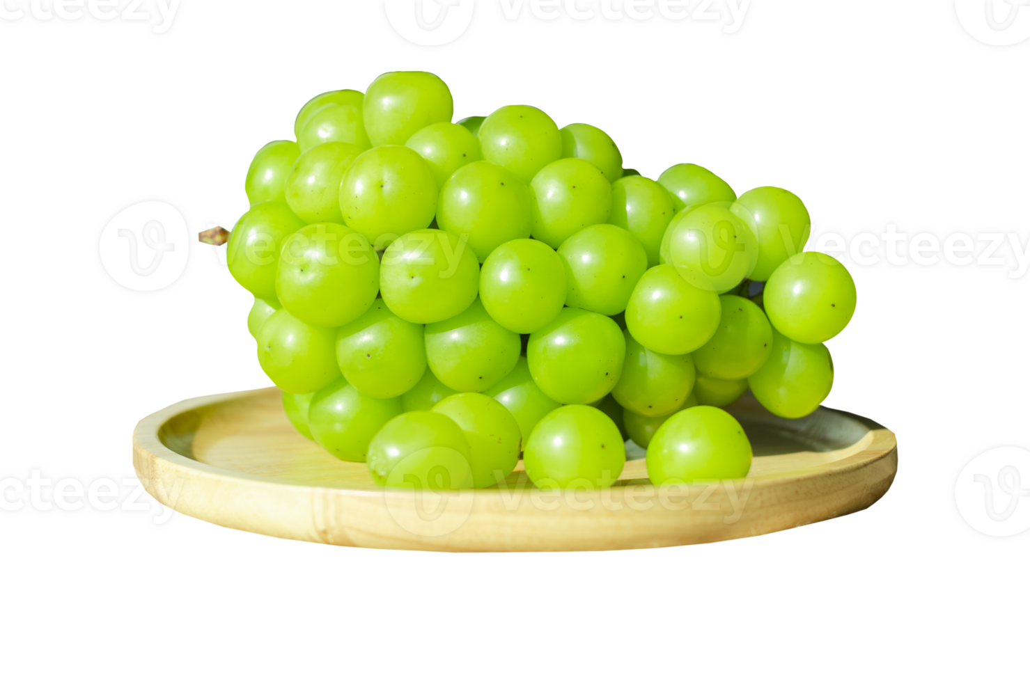 Bunches Shine Muscat grapes placed on wooden plate on transparent background. Closeup side view png