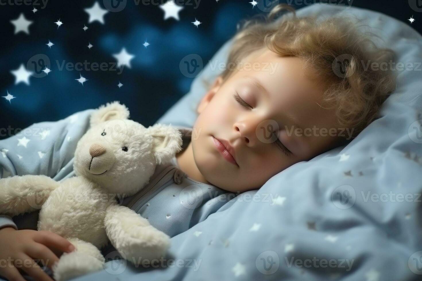 A small child is sleeping in soft clouds, surrounded by space, starry sky and peace. Generative AI photo