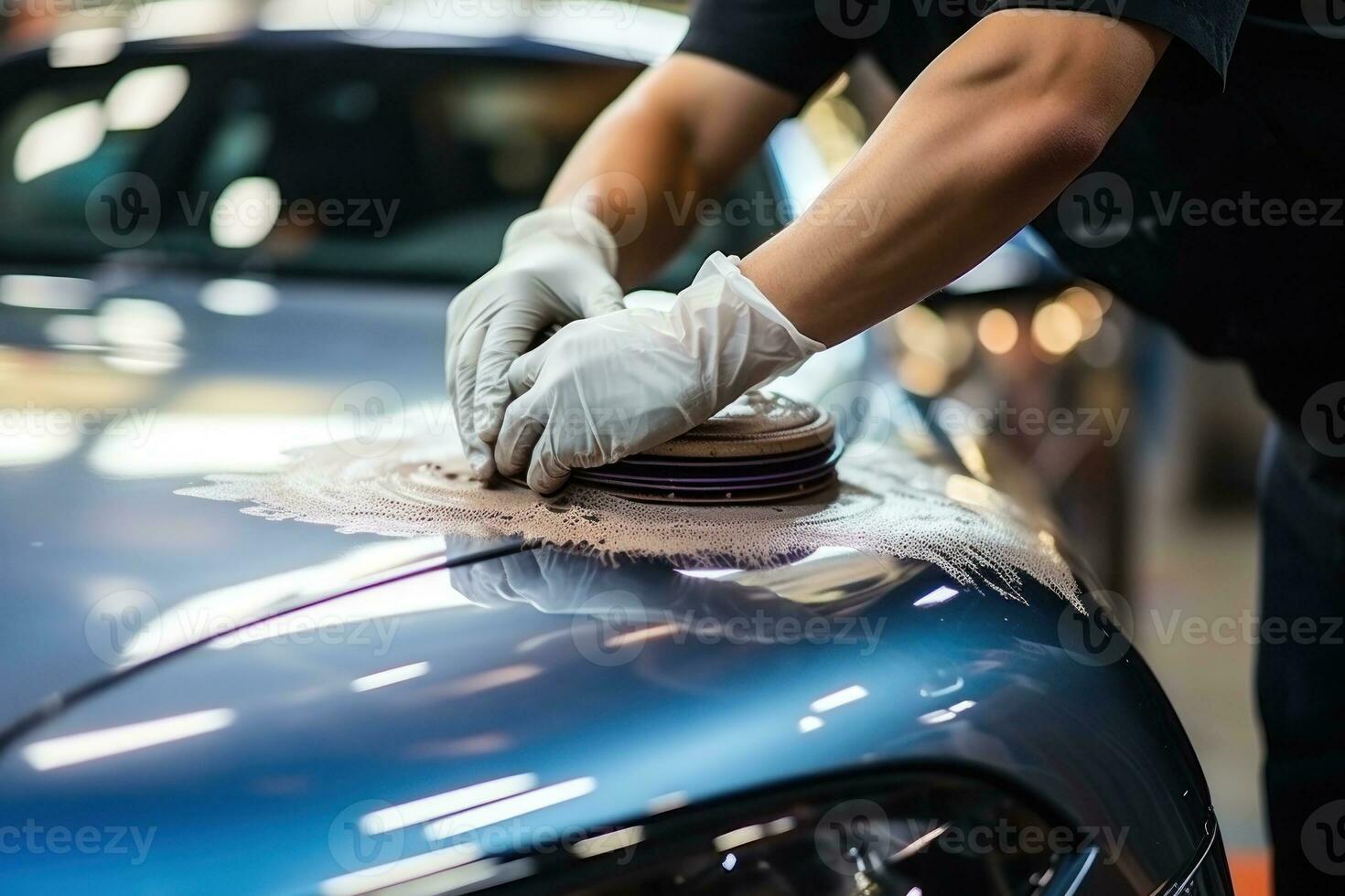 Car detailing Hands with orbital polisher in auto repair shop. Generative AI photo