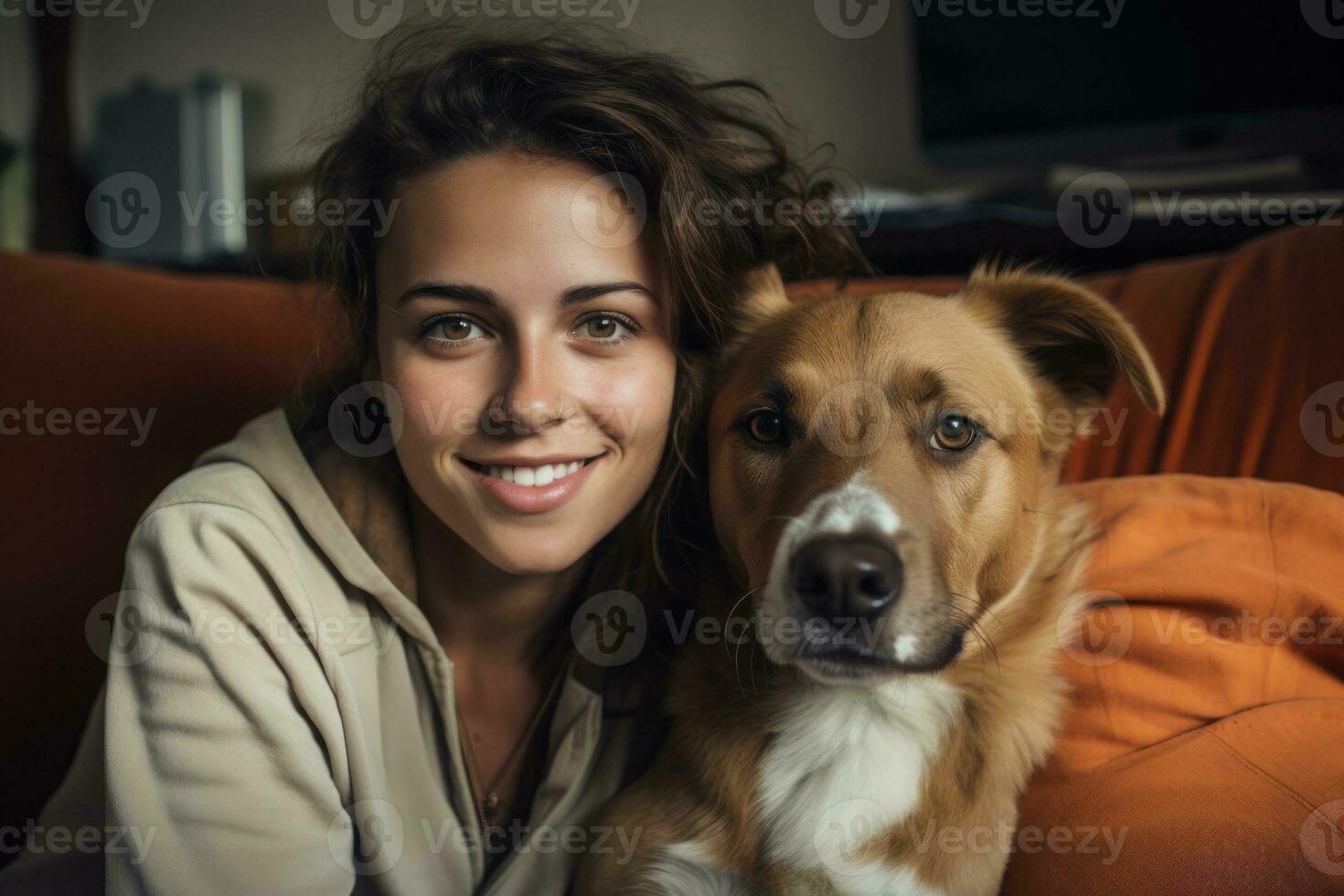 cheerful woman hugging beloved pet dog at home on the couch, best friend, friendship concept, Generative AI photo