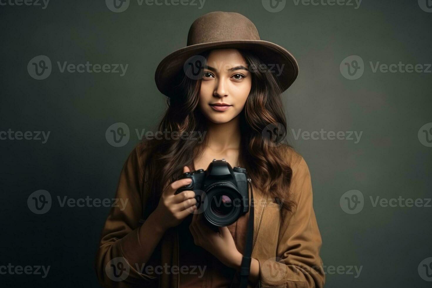 Portrait a woman in a hat holding a camera. Generative AI photo