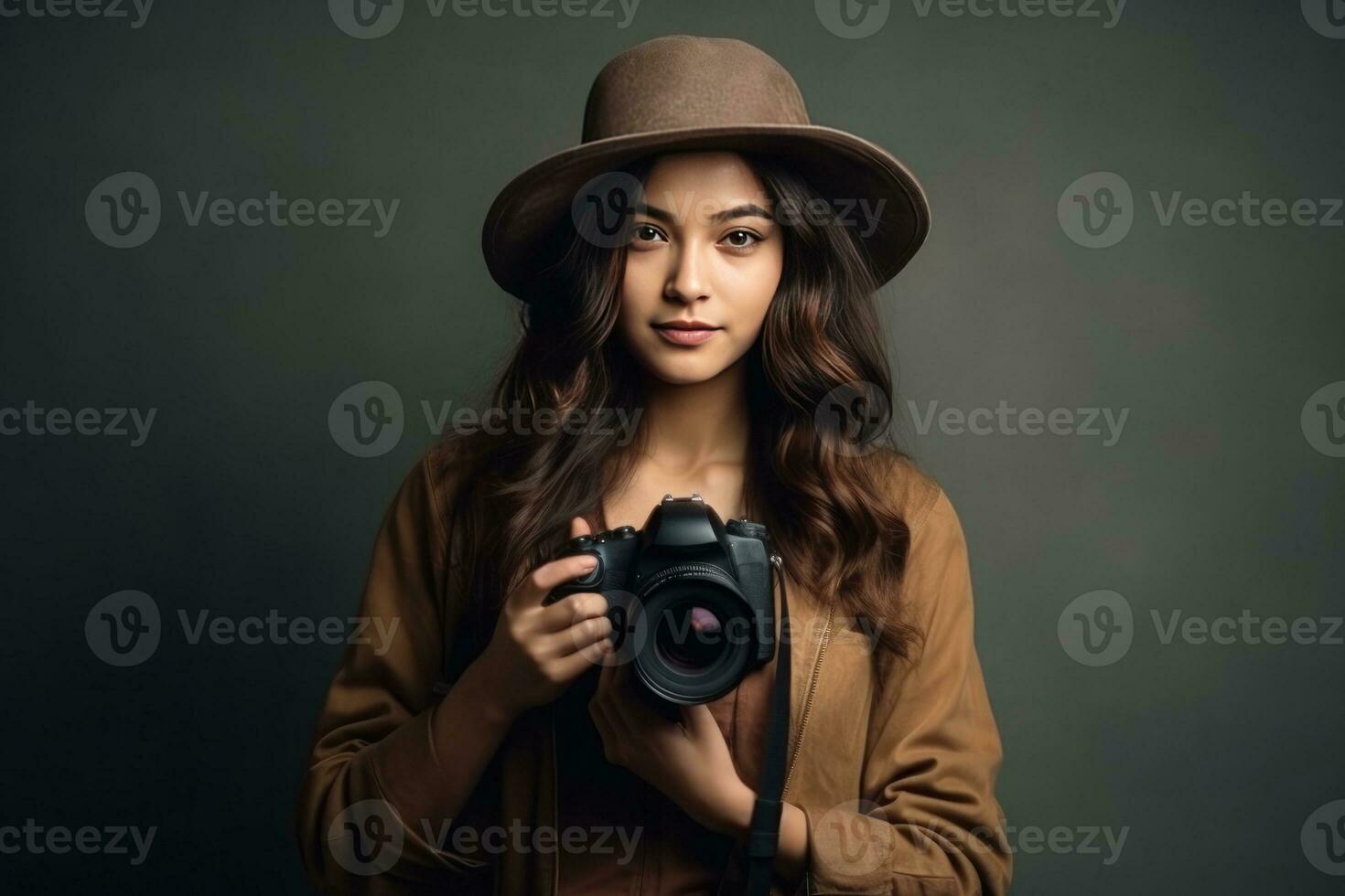 retrato un mujer en un sombrero participación un cámara. generativo ai foto