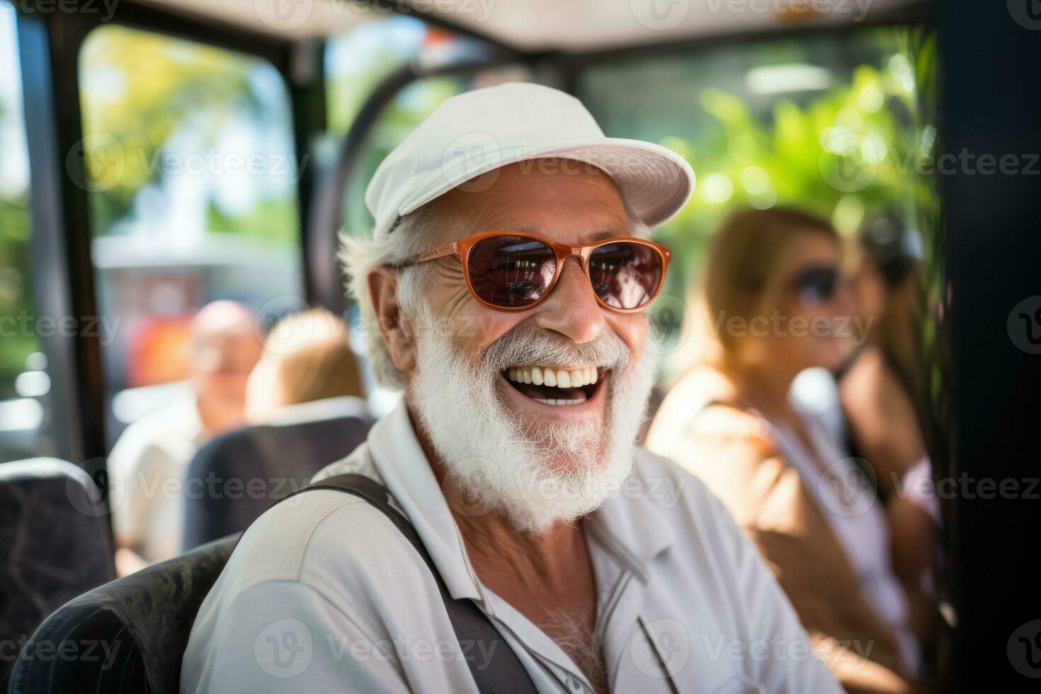 Seniors enjoying care trip excursion with people having fun on board of a comfy bus. Generative AI photo