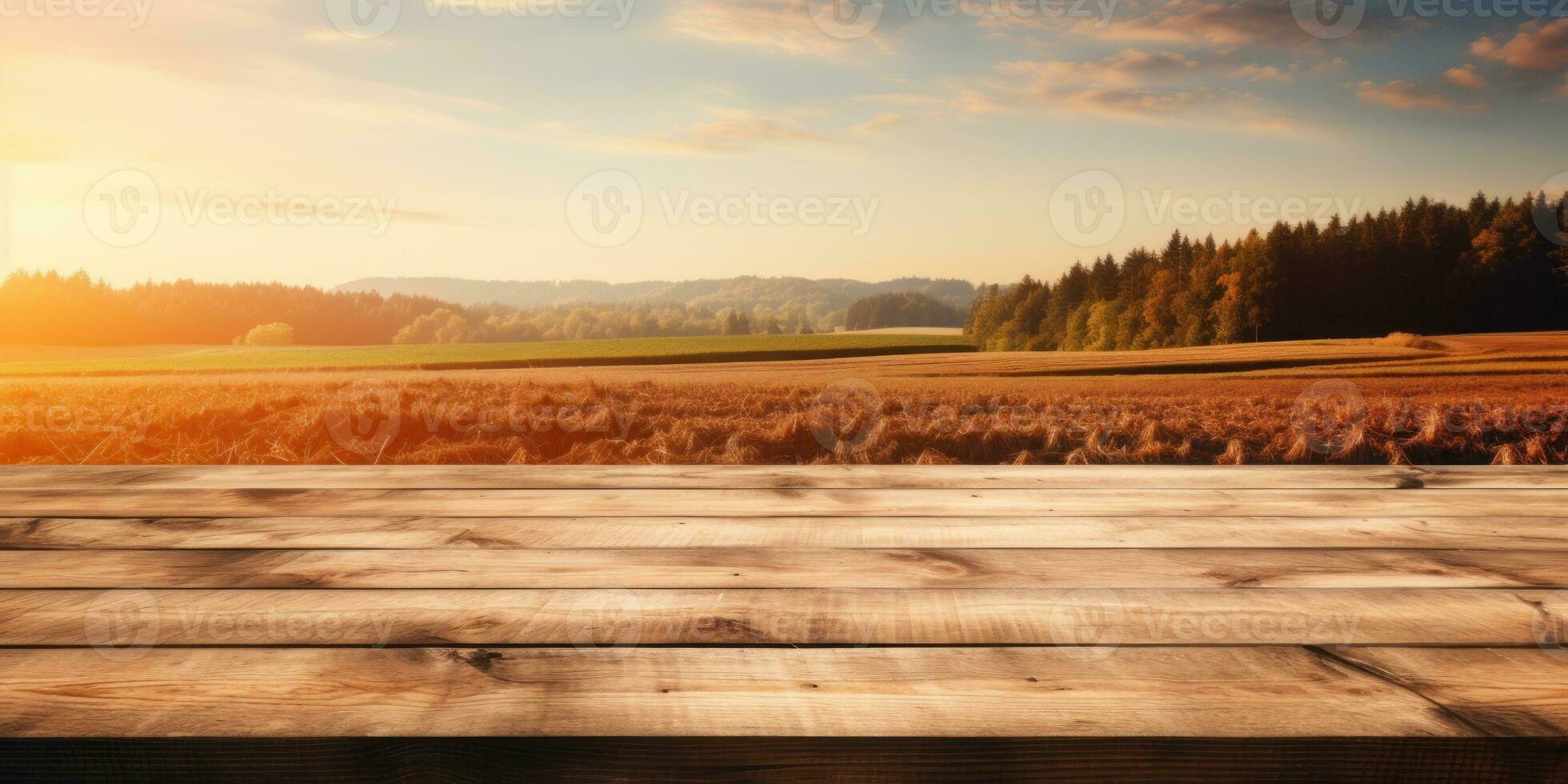 Empty wooden table top with farm landscape whit tractor during the autumn. Generative AI photo