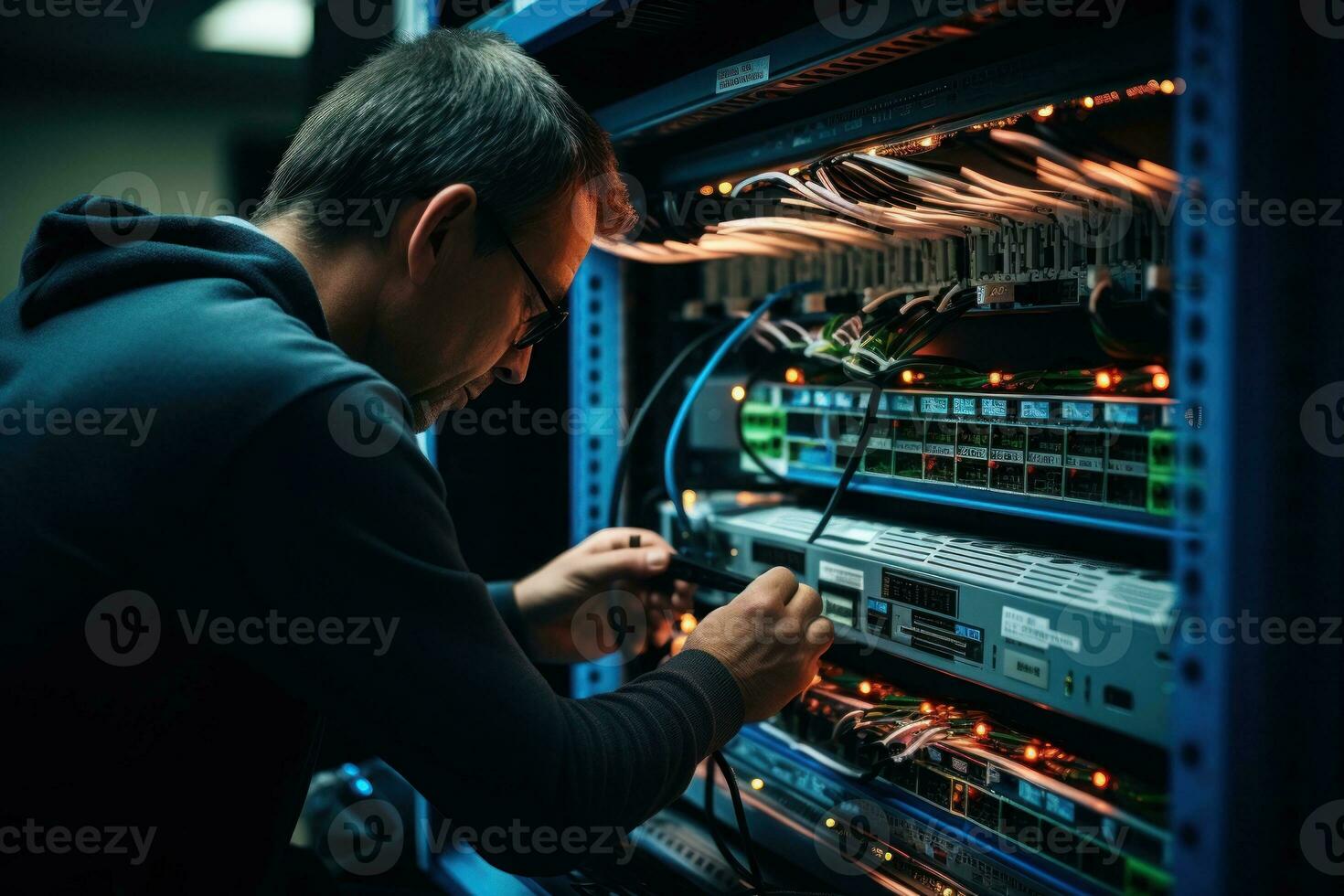 The system administrator configures the wires of the network equipment. Generative AI photo