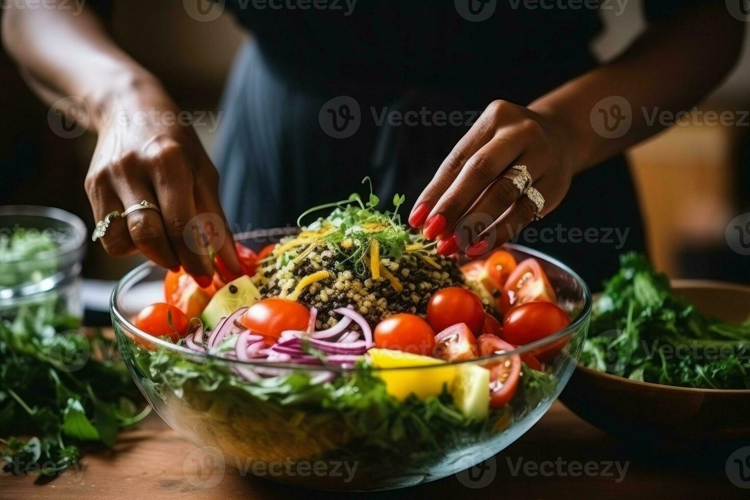 Close up of a woman preparing a salad. Generative AI photo