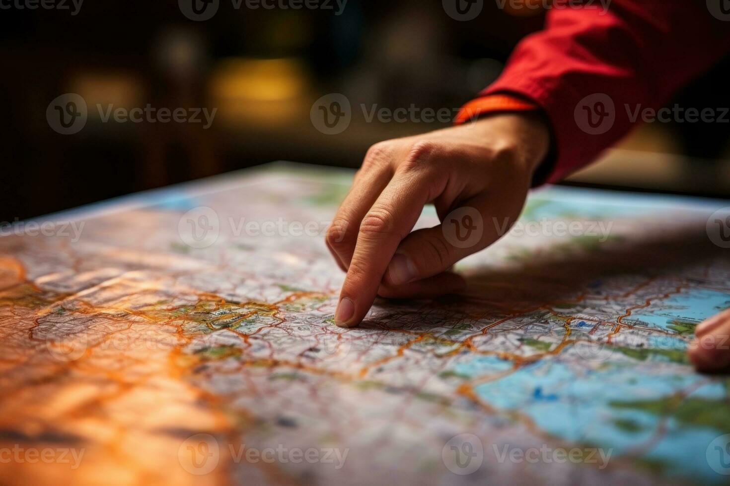 Close up hand is pointing direction to a map on a piece of paper. Generative AI photo