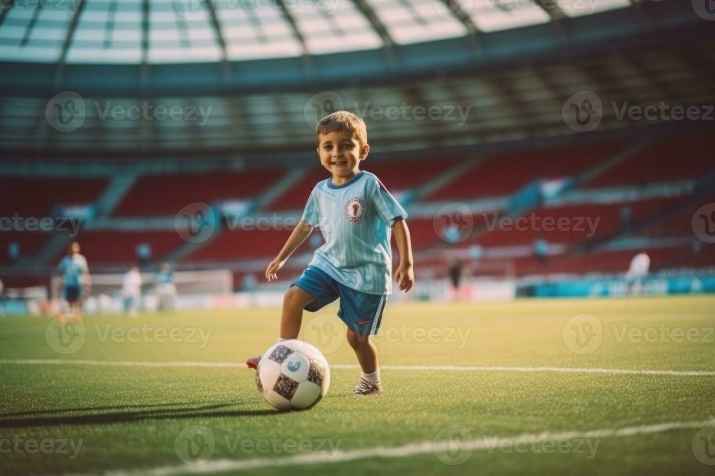 AI Generated Dribbling small boy plays football in stadium. Generative AI photo