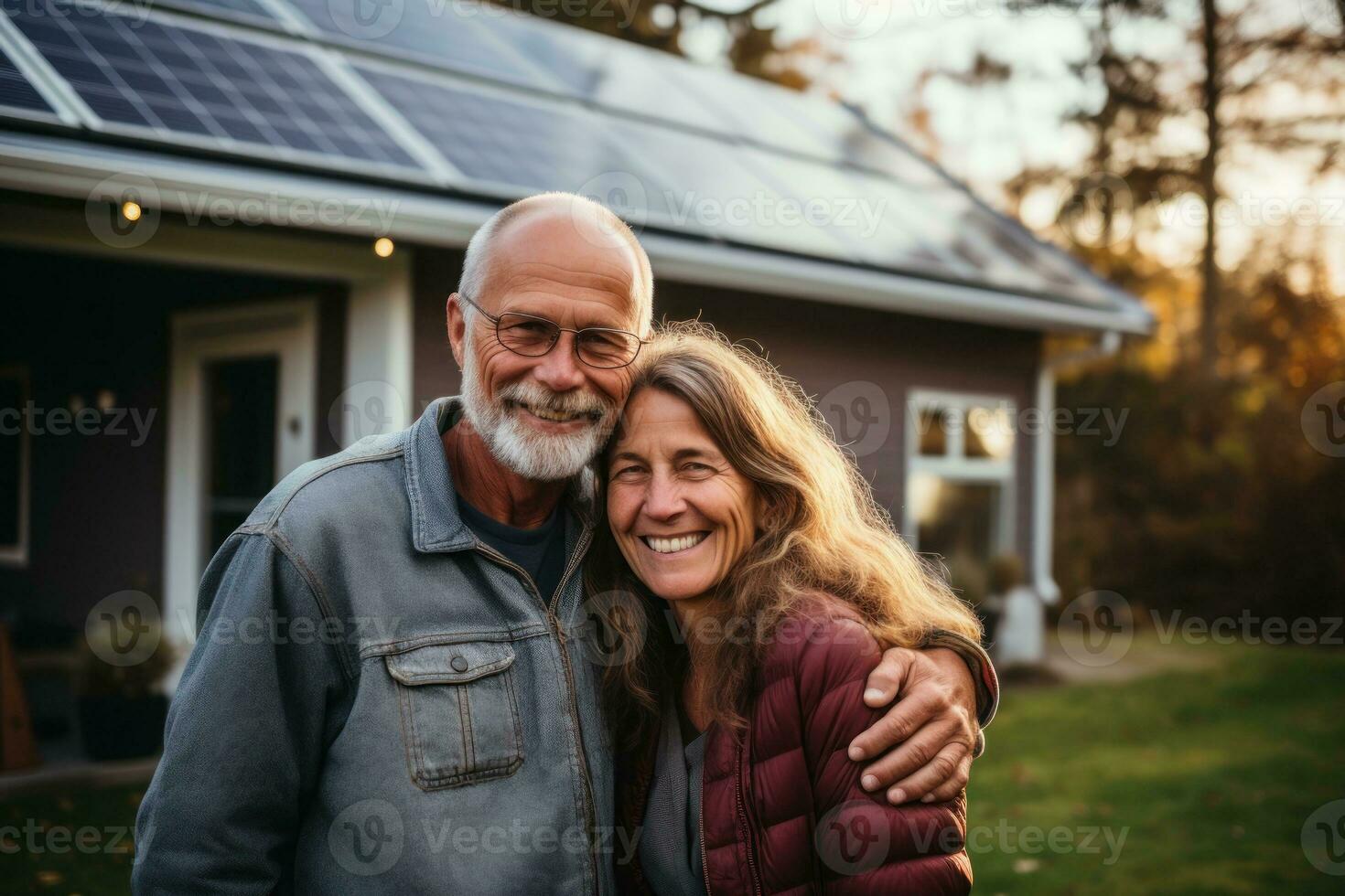 A happy couple stands smiling in the a large house with solar panels installed. Generative AI photo