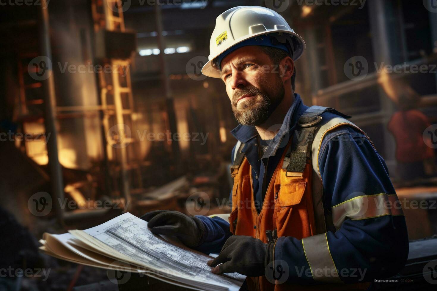 Construction worker holding a blueprint and discussing plans, bright background. Generative AI photo