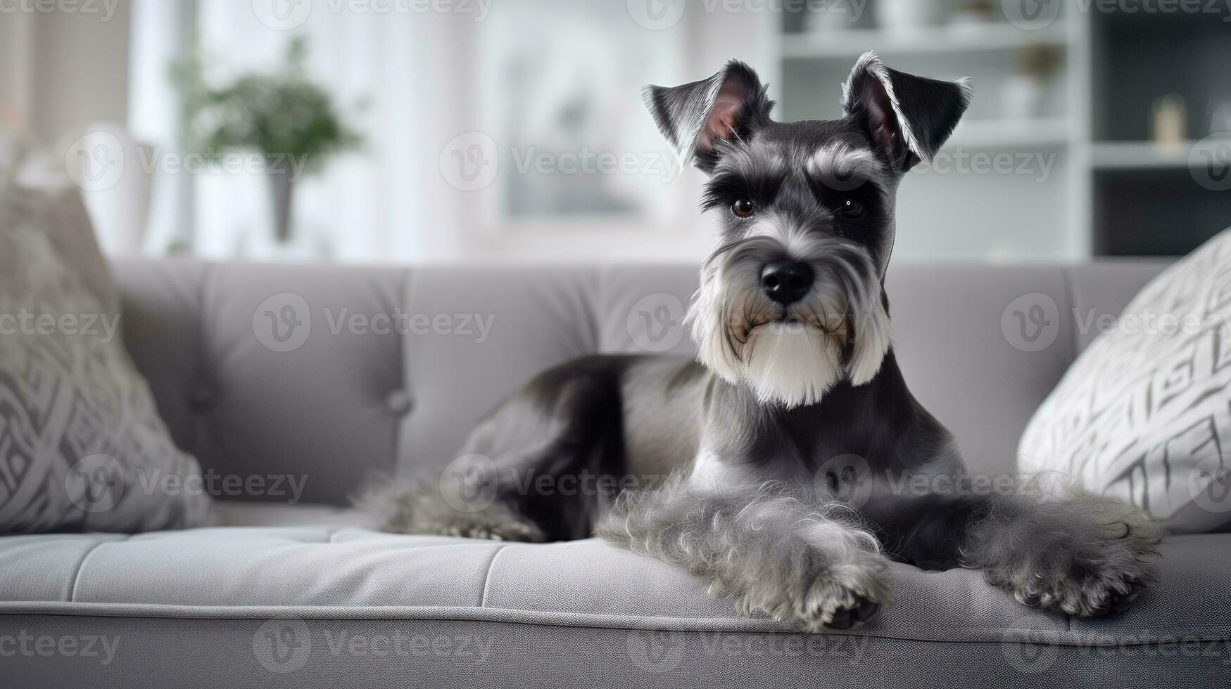 Modern living room interior. Cute Schnauzer on couch. Generative AI photo