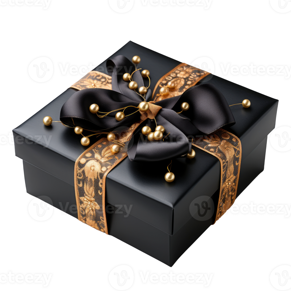 Elegant Black Gift Box with Gold Ribbon and Beads isolated on a transparent background, AI Generative png