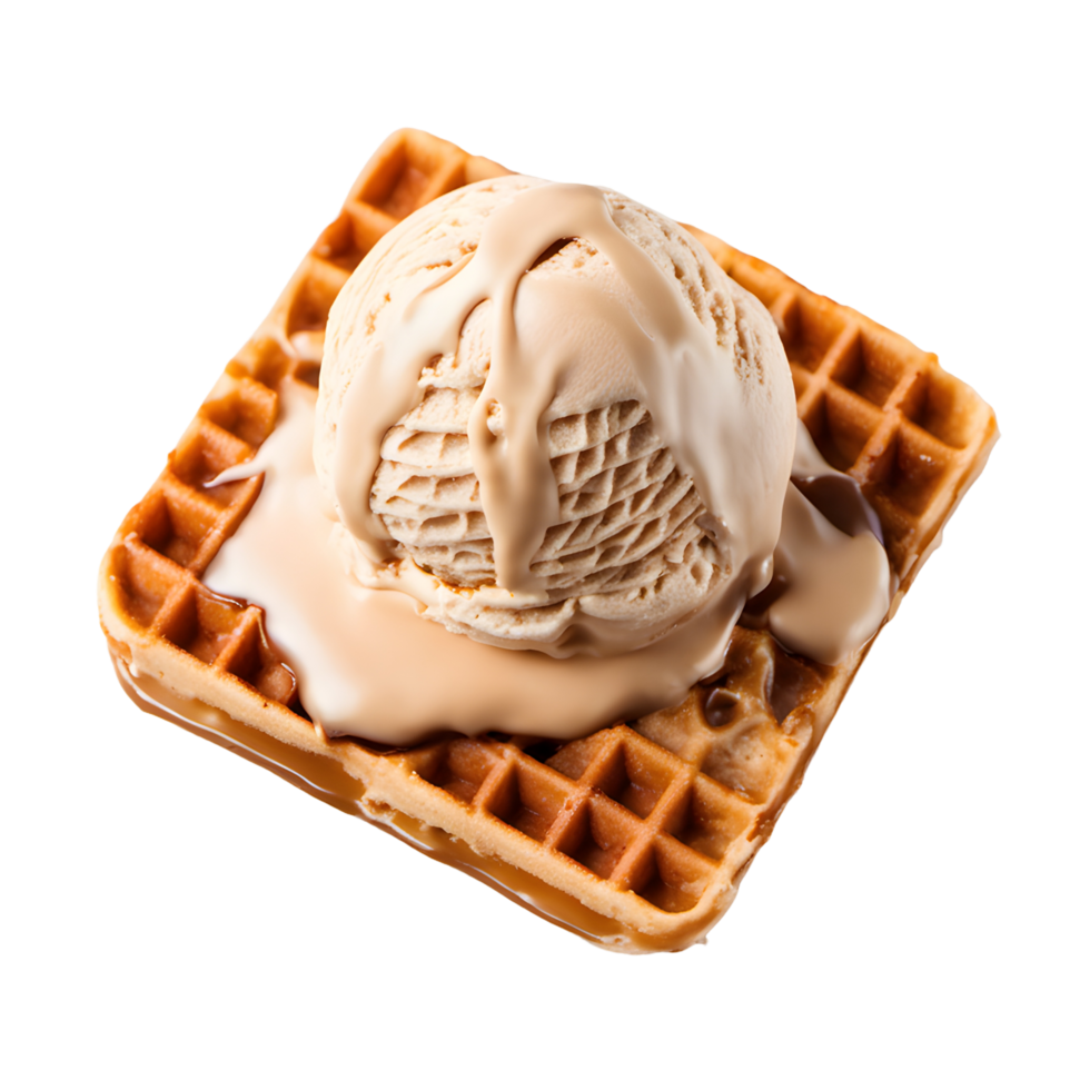 Homemade chocolate Ice cream scoop on Waffle bread with topped with caramel cream. AI Generated png