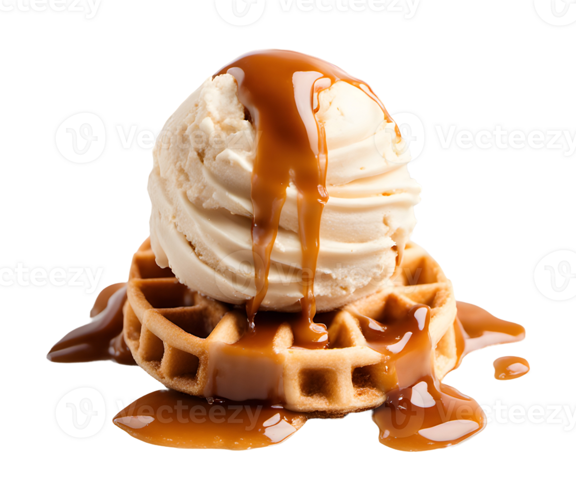Homemade chocolate Ice cream scoop on Waffle bread with topped with caramel cream. AI Generated png