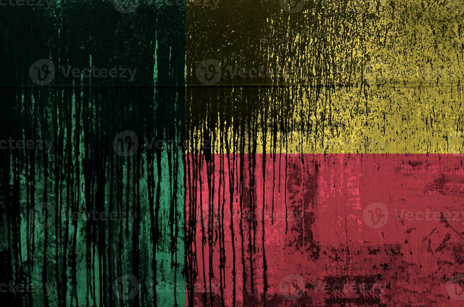 Benin flag depicted in paint colors on old and dirty oil barrel wall closeup. Textured banner on rough background photo