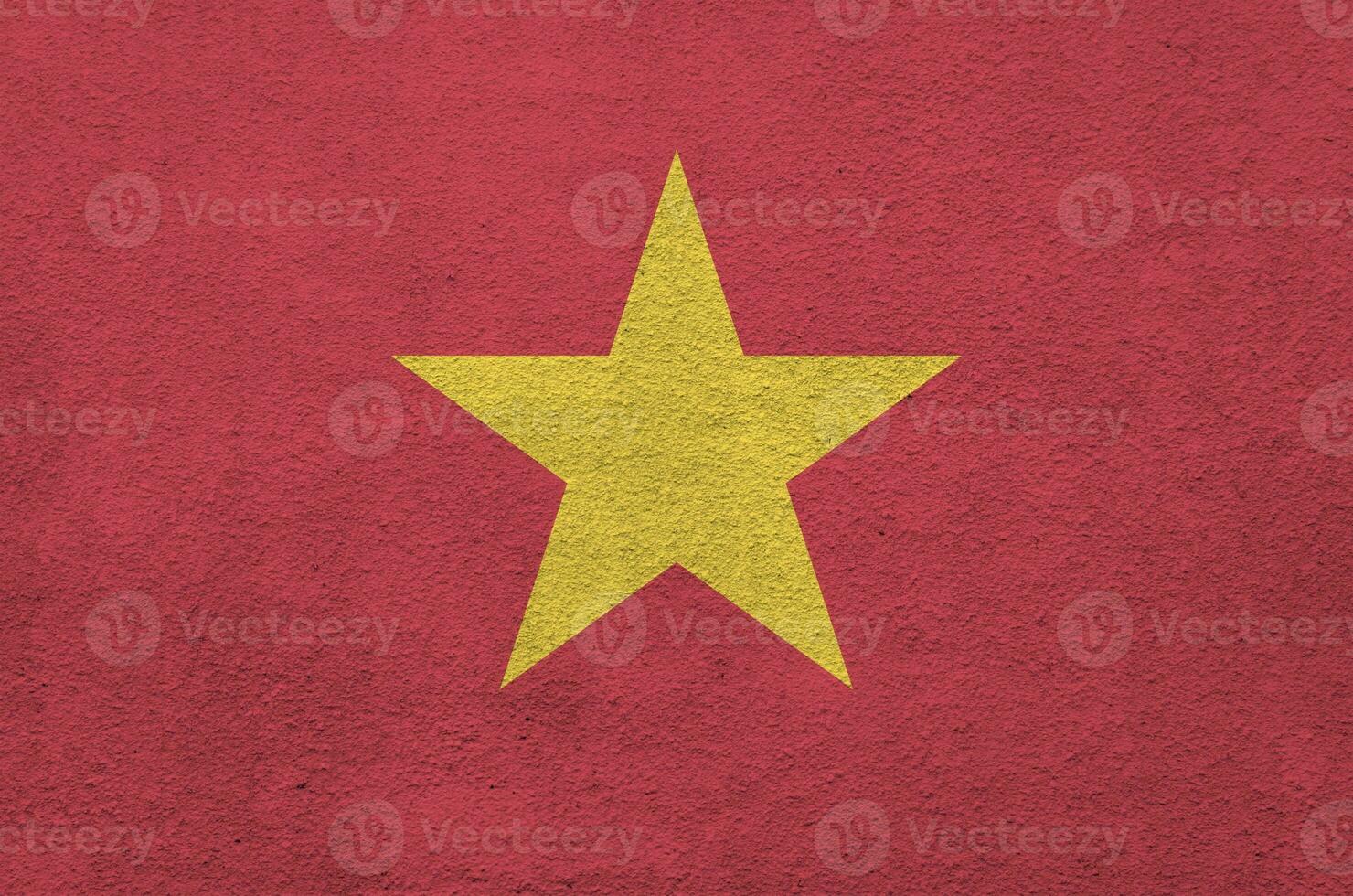 Vietnam flag depicted in bright paint colors on old relief plastering wall. Textured banner on rough background photo