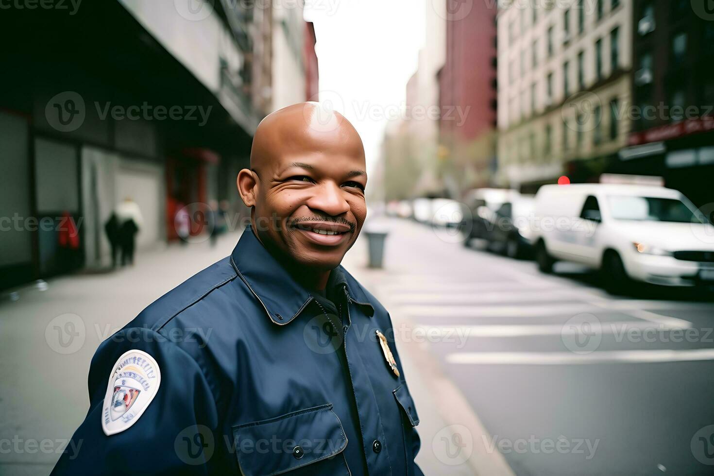 Happy and smiling African American police officer. Neural network AI generated photo
