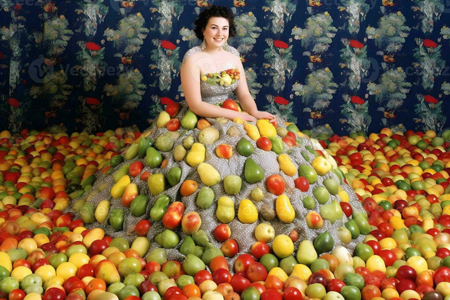 de moda mujer en Fruta estilo vestido. neural red ai generado foto