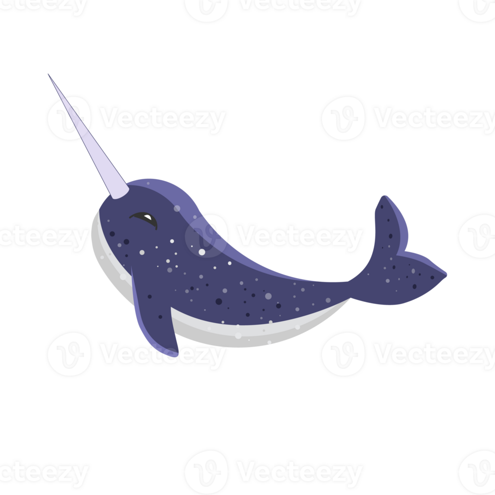 illustration of cute cartoon narwhal. Poster and banner element, children's book illustration, postcard, gift card, print for t-shirt and more, sticker, label and other. PNG. png