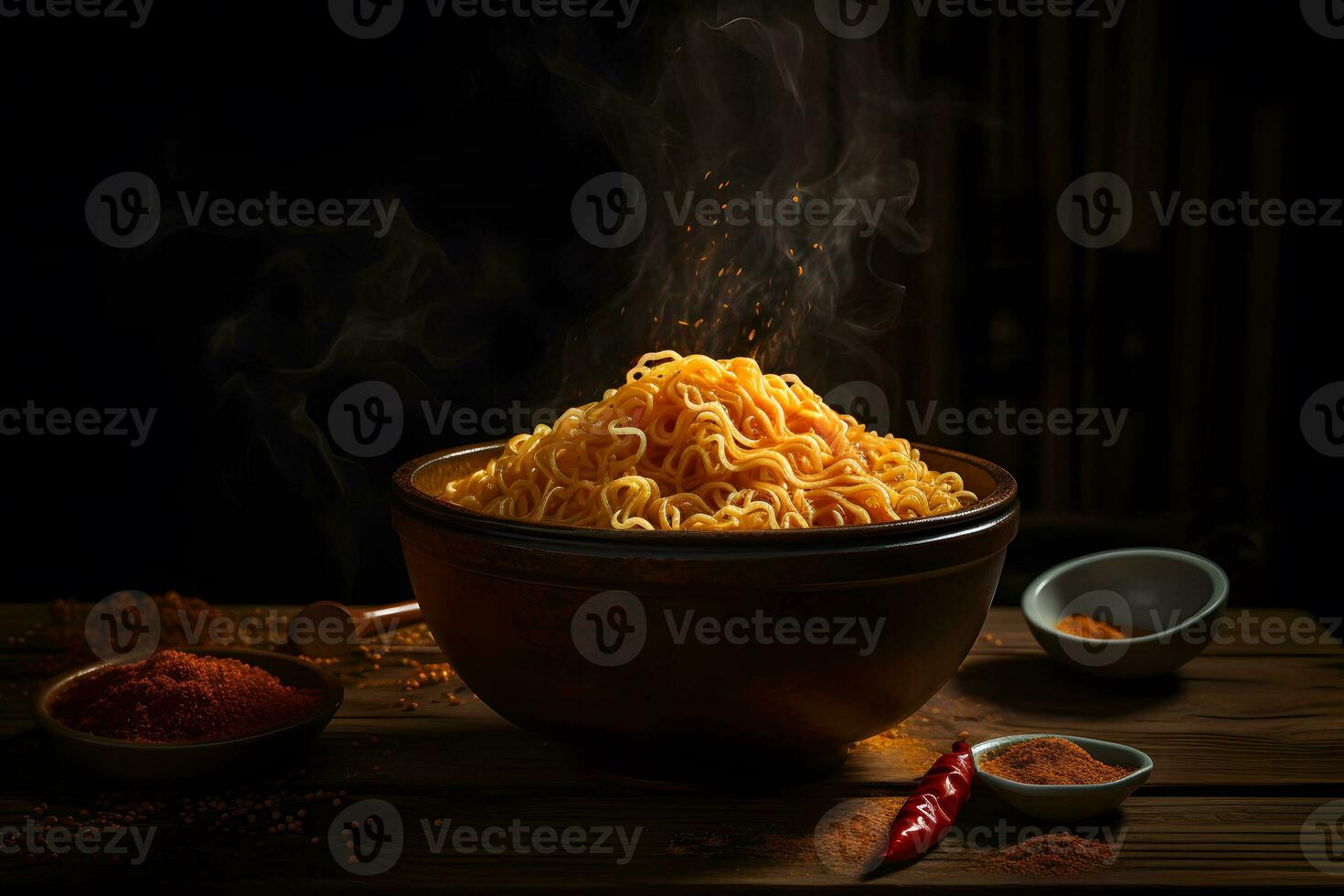 Black bowl with chinese noodles Jiangsu cuisine. Neural network AI generated photo