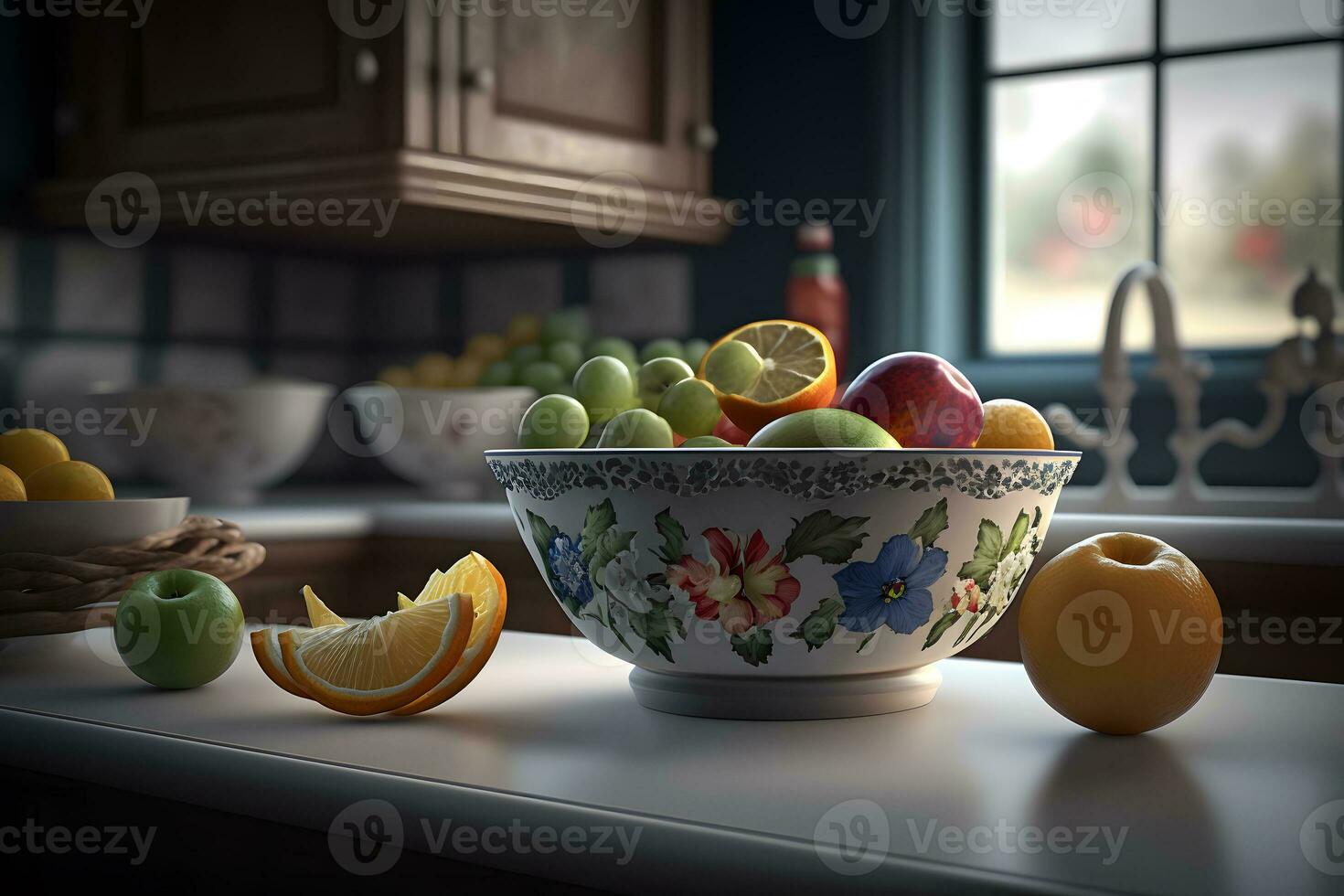 fruit in a bowl in the kitchen. Neural network AI generated photo