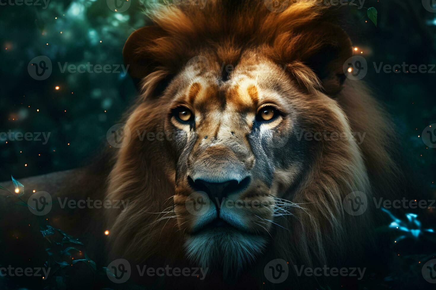 Close-up of lion, Panthera leo in front of black background. Neural network AI generated photo