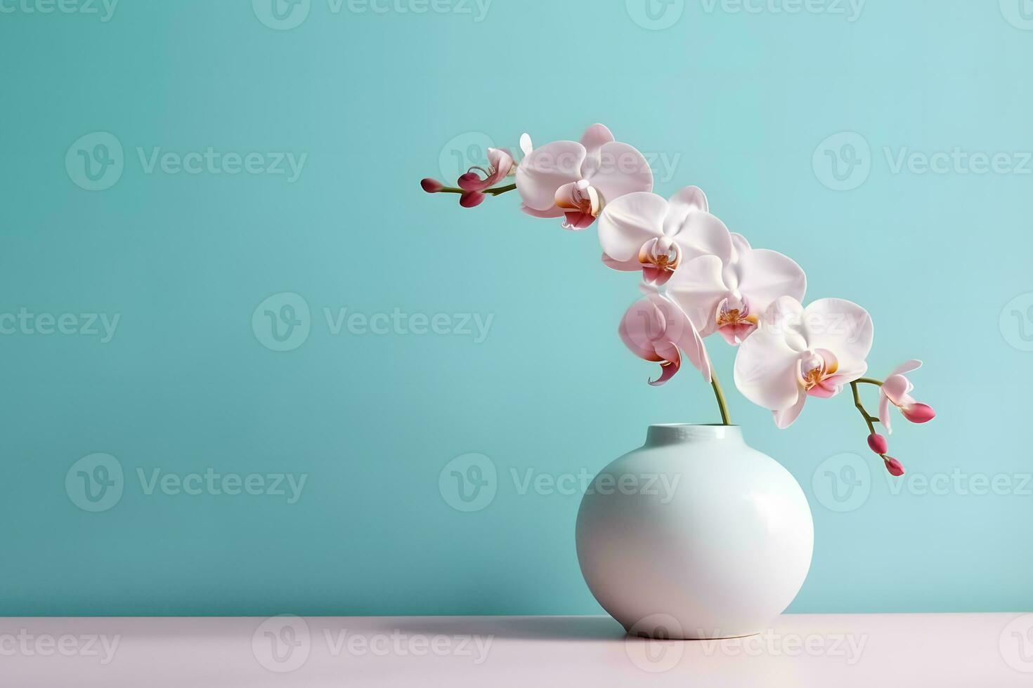 Orchid flower in a round vase. Neural network AI generated photo