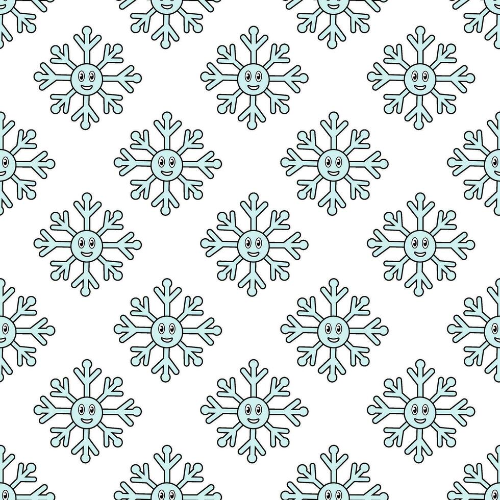 Retro 70s 60s 80s Hippie Groovy Christmas Winter Pattern with Smile Snowflakes. Vector flat illustration.