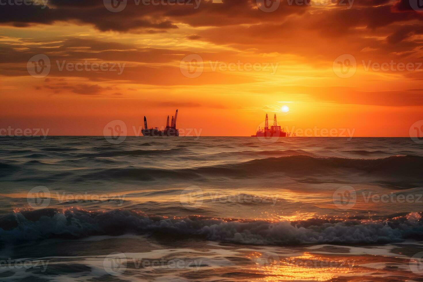 Oil producing station on the background of the sunset in the sea. Neural network AI generated photo