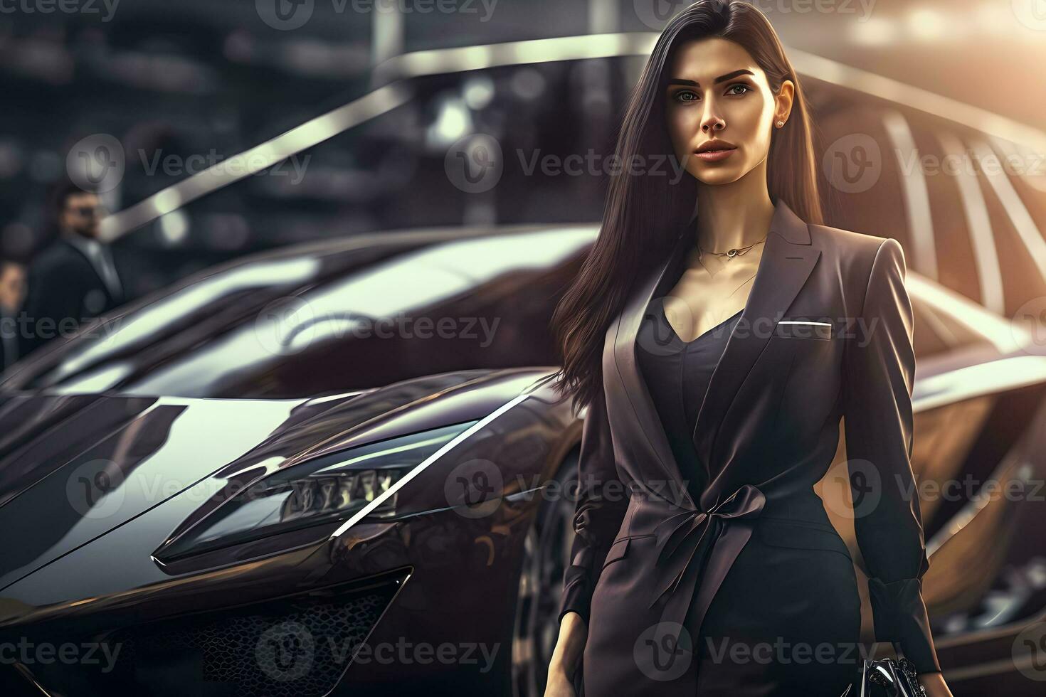 joven mujer de negocios con un coche. neural red ai generado foto