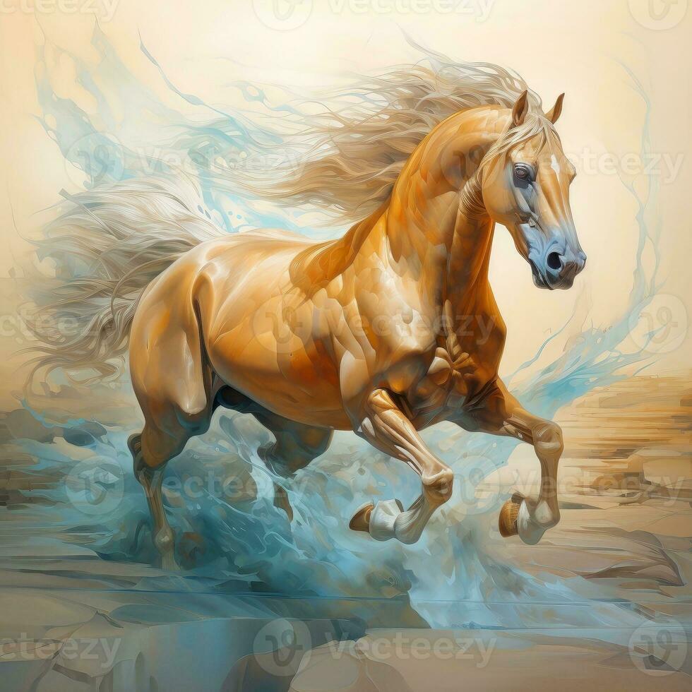 Watercolor horse painting, abstract drawing of a running paint splashed horse, Generative AI photo