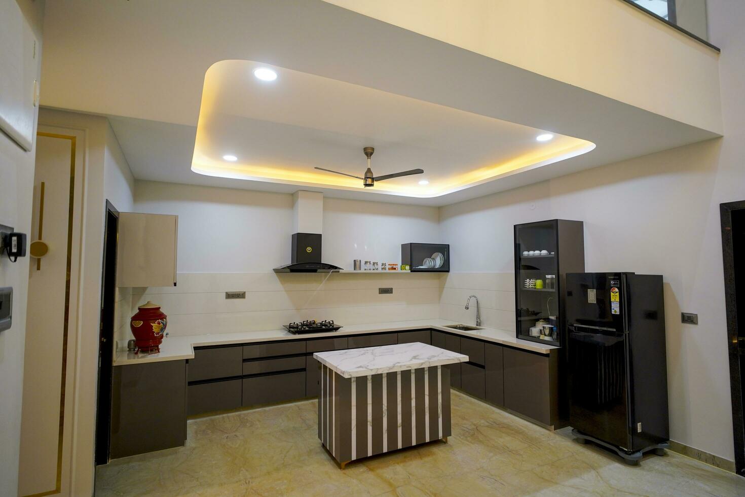Elegance kitchen, spotlights on the ceiling, kitchen of the luxury house photo