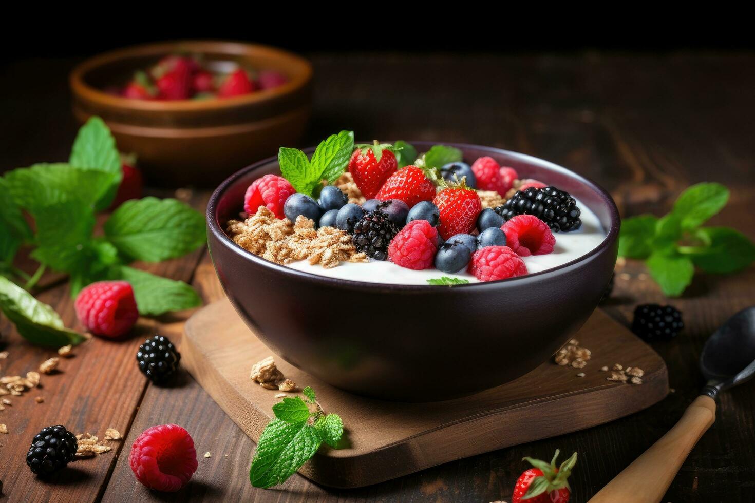 Yogurt with granola and fresh berries in bowl on wooden table, Healthy breakfast bowl with oat granola, berries and milk, AI Generated photo