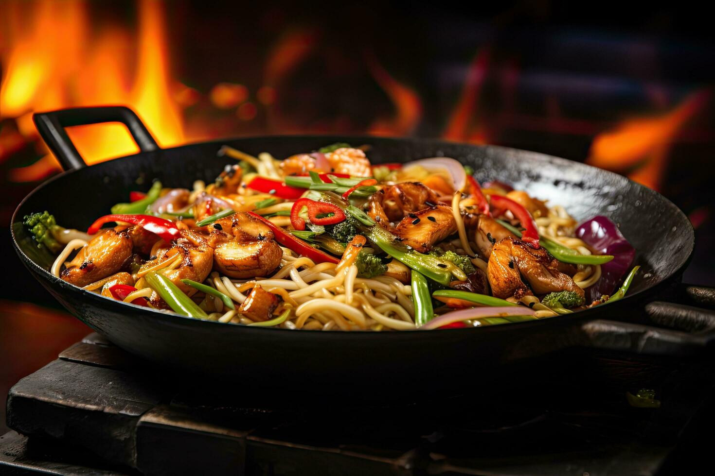 salteado espaguetis con pollo y vegetales en un wok, complacer en el ardiente emoción de asiático calle comida con un candente wok lleno con salteado fideos, vibrante verduras, ai generado foto