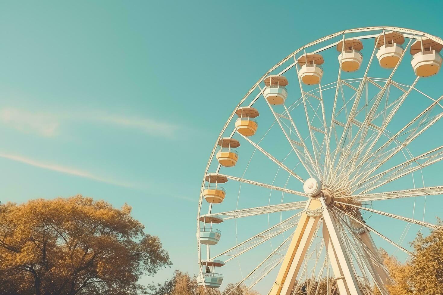 Ferris wheel in the park - retro vintage effect style pictures, Vintage ferris wheel on blue sky background in the park, AI Generated photo