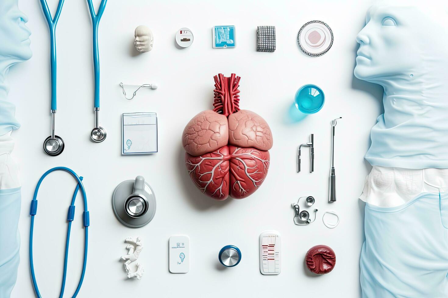 plano laico composición con humano corazón modelo y estetoscopio en blanco fondo, muchos diferente médico objetos en ligero antecedentes parte superior vista, ai generado foto