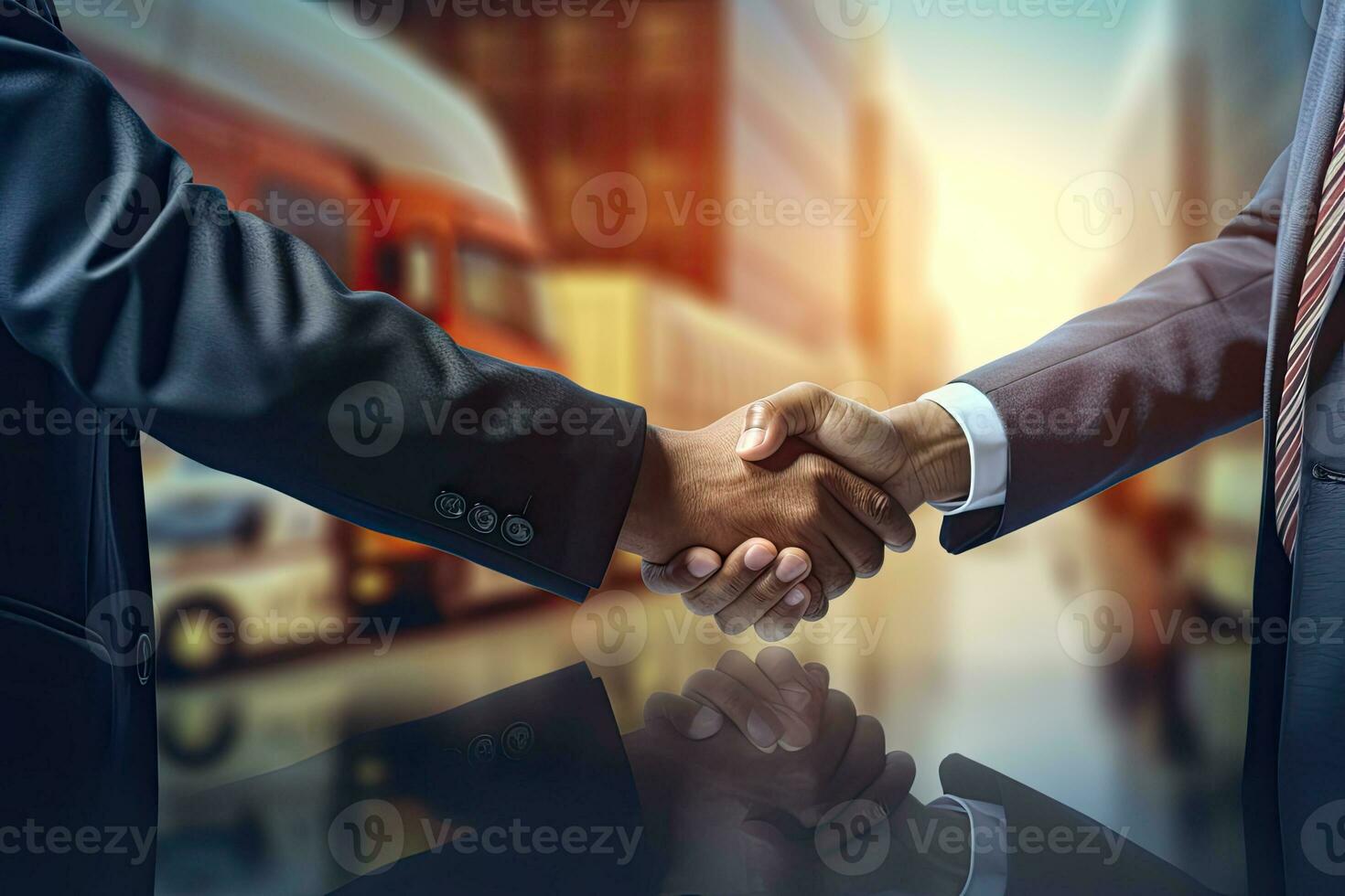 Double exposure of two businessmen shaking hands with each other in office, Double exposure of businessman handshake with cargo truck on the road and import-export commercial, AI Generated photo