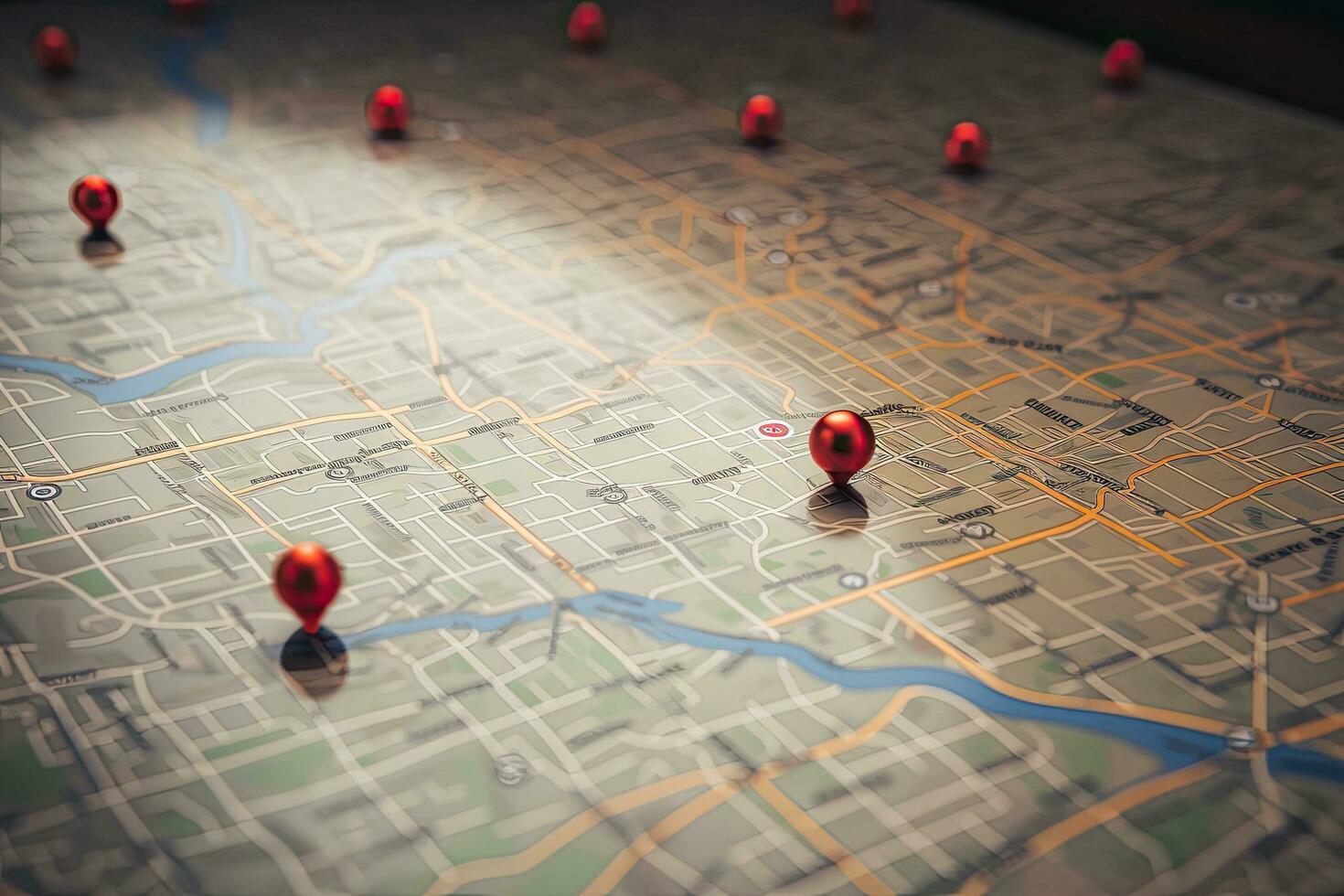 Map of the city with red pins on it. Conceptual image, Find your way. Location marking with a pin on a map with routes, AI Generated photo